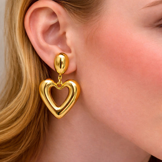 Oro Laminado Dangle Earring, Gold Filled Style Heart and Teardrop Design, Polished, Golden Finish