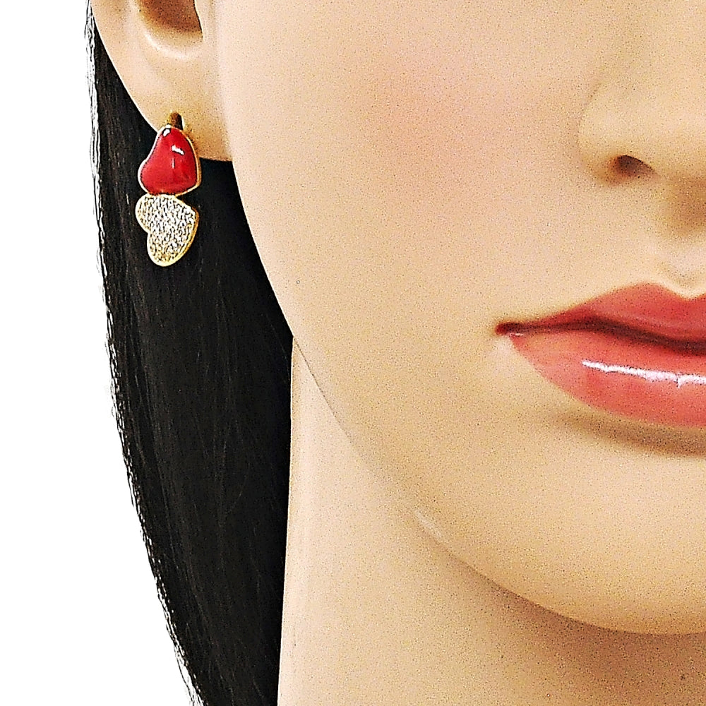 Oro Laminado Stud Earring, Gold Filled Style Heart Design, with White Micro Pave, Red Enamel Finish, Golden Finish
