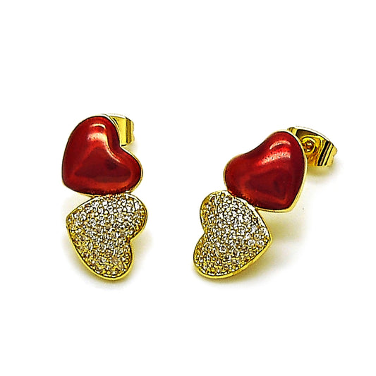 Oro Laminado Stud Earring, Gold Filled Style Heart Design, with White Micro Pave, Red Enamel Finish, Golden Finish
