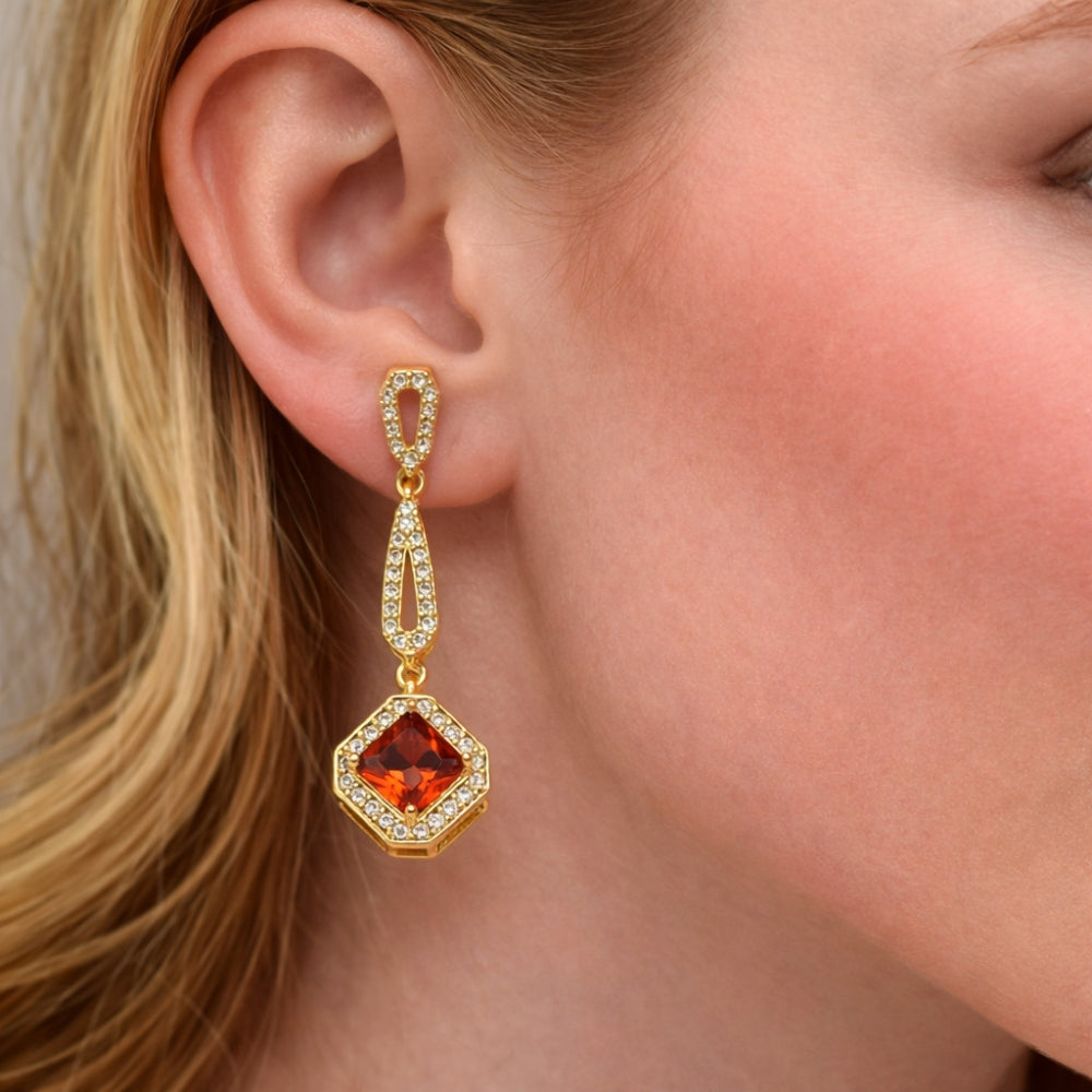Oro Laminado Long Earring, Gold Filled Style Cluster Design, with Garnet Cubic Zirconia and White Micro Pave, Polished, Golden Finish