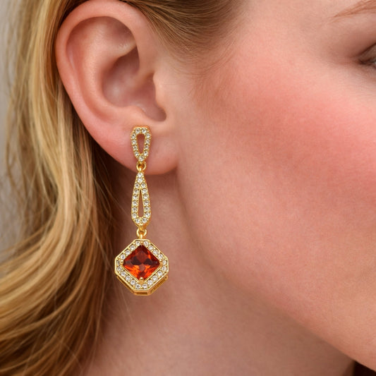 Oro Laminado Long Earring, Gold Filled Style Cluster Design, with Garnet Cubic Zirconia and White Micro Pave, Polished, Golden Finish