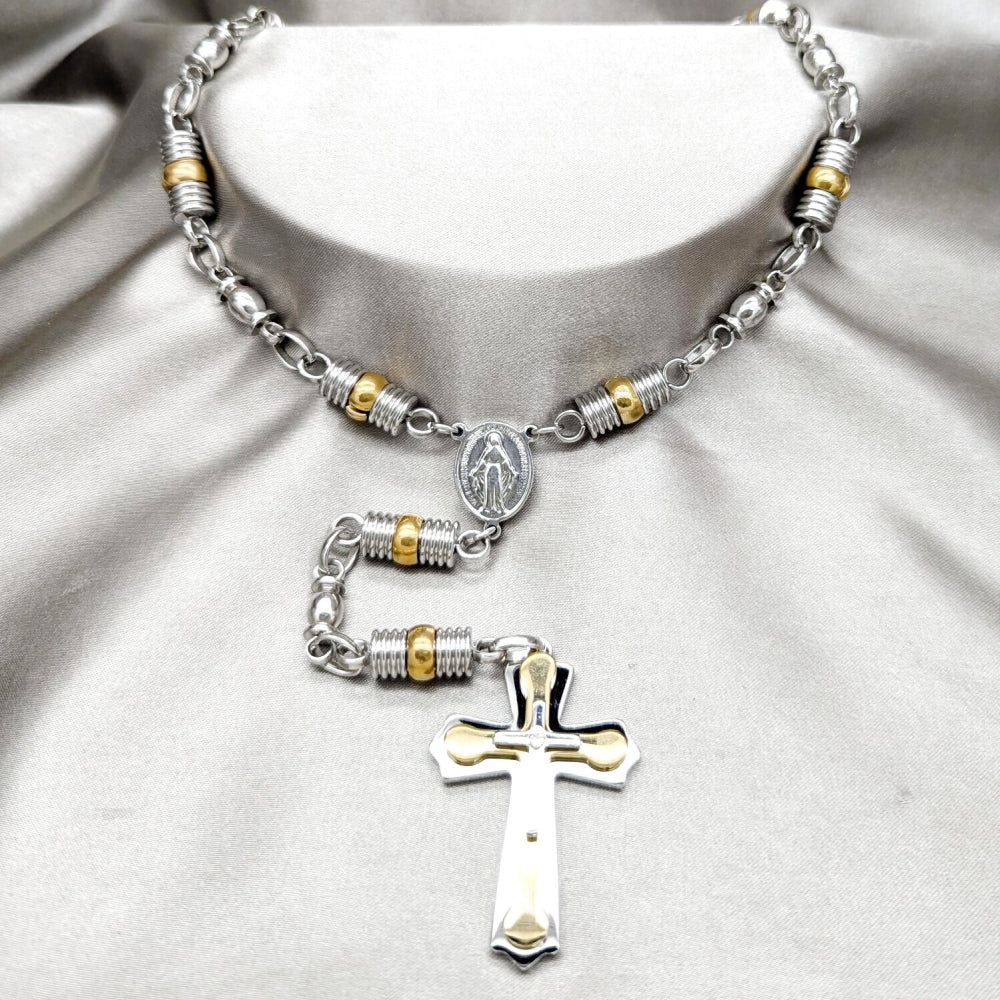 Stainless Steel Basic Necklace, Cross Design, Polished, Two Tone