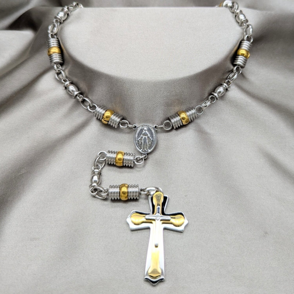 Stainless Steel Basic Necklace, Cross Design, Polished, Two Tone