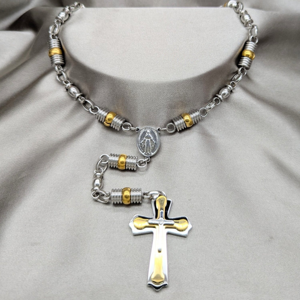 Stainless Steel Basic Necklace, Cross Design, Polished, Two Tone