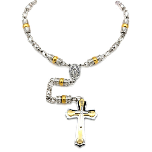 Stainless Steel Basic Necklace, Cross Design, Polished, Two Tone