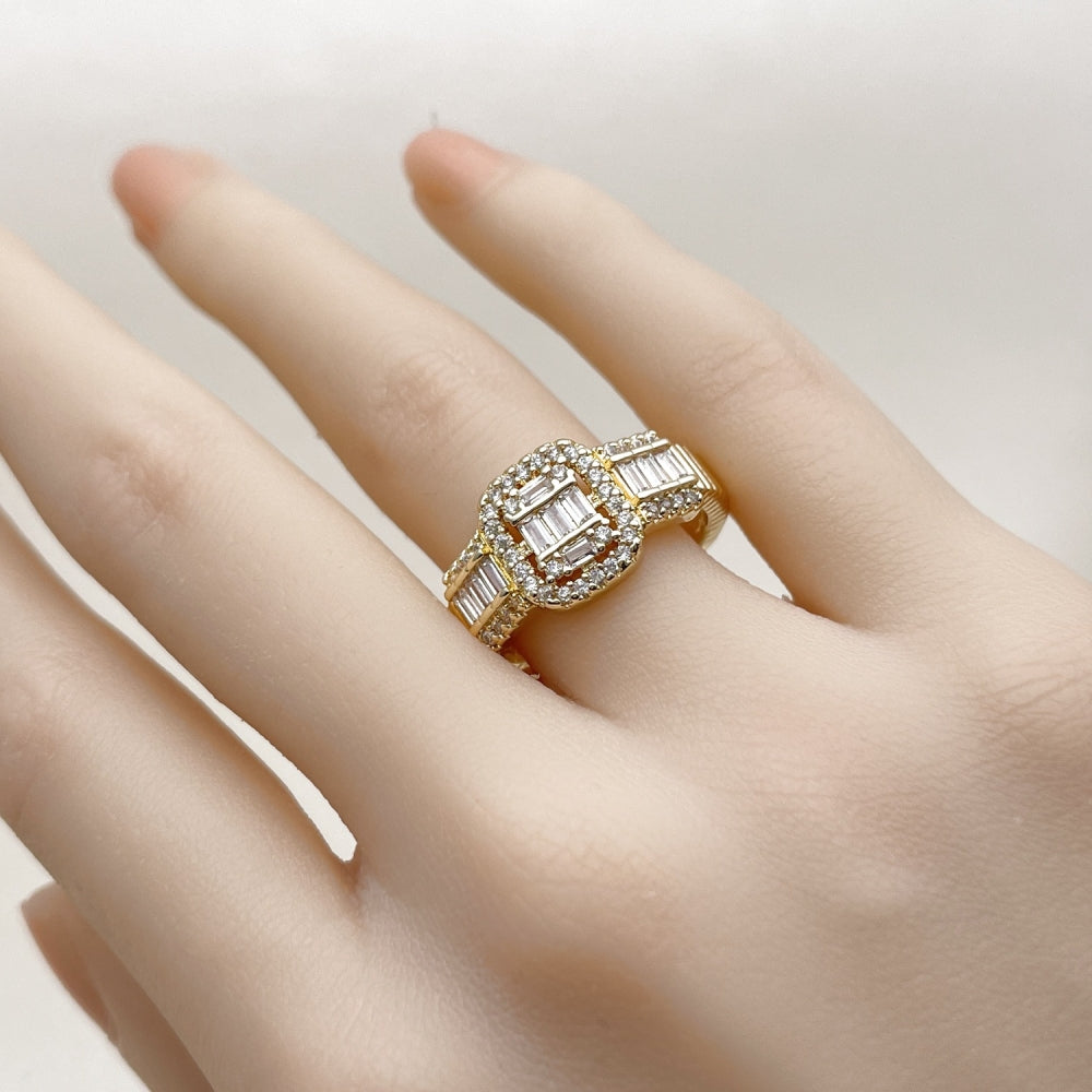 Oro Laminado Multi Stone Ring, Gold Filled Style Baguette and Cluster Design, with White Cubic Zirconia and White Micro Pave, Polished, Golden Finish