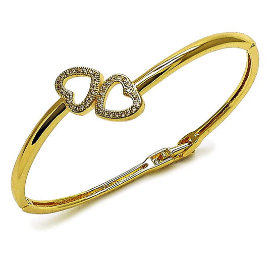 Oro Laminado Individual Bangle, Gold Filled Style Heart Design, with White Micro Pave, Polished, Golden Finish