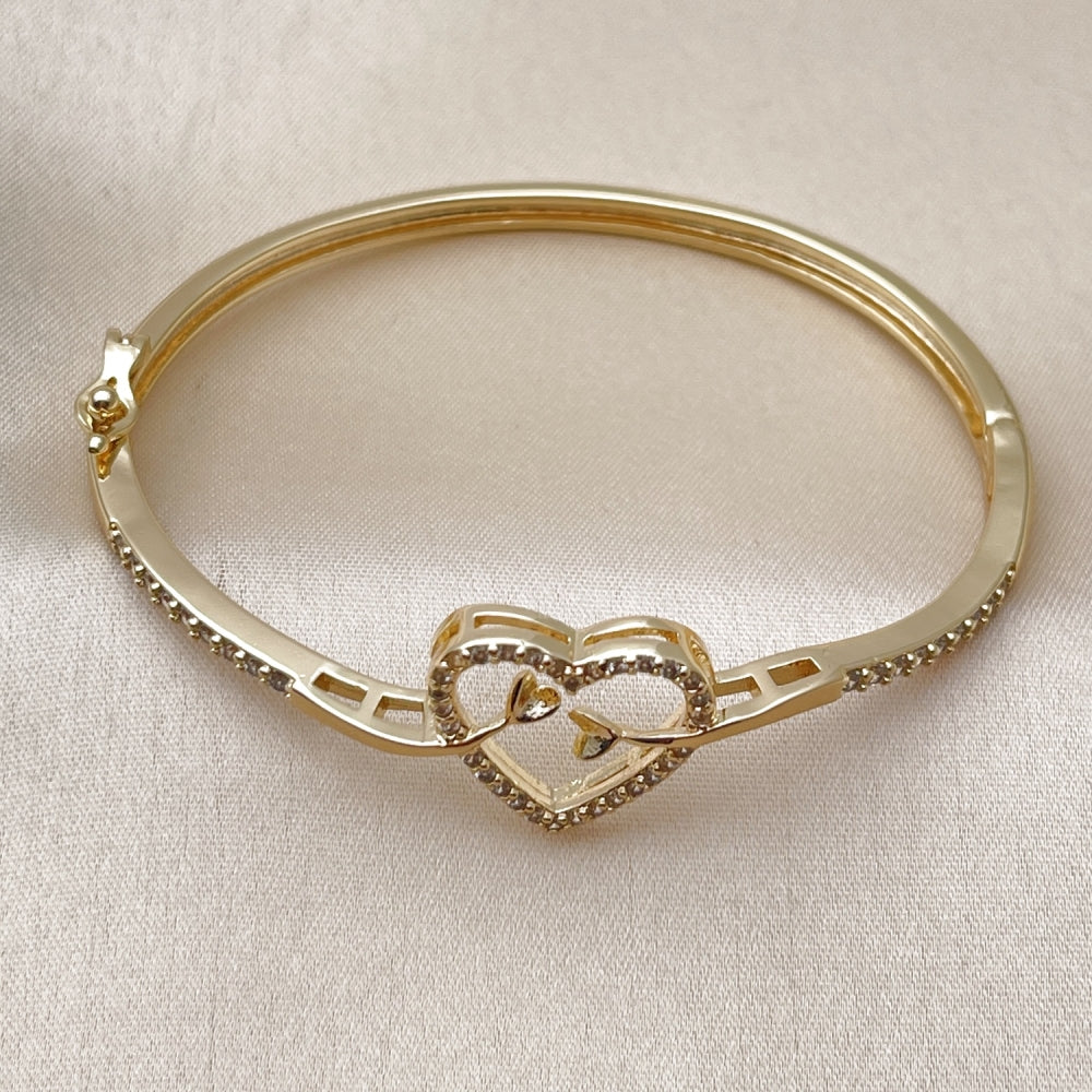 Oro Laminado Individual Bangle, Gold Filled Style Heart Design, with White Cubic Zirconia, Polished, Golden Finish