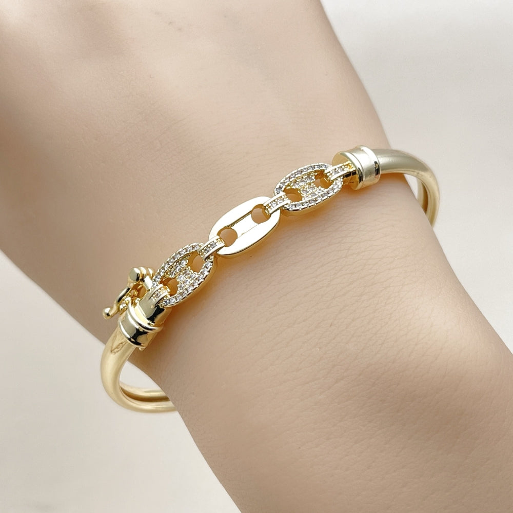Oro Laminado Individual Bangle, Gold Filled Style Puff Mariner Design, with White Micro Pave, Polished, Golden Finish
