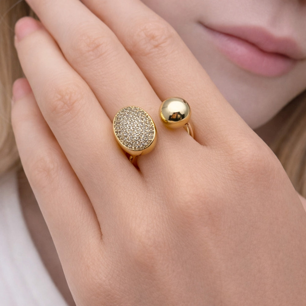 Oro Laminado Multi Stone Ring, Gold Filled Style Ball Design, with White Micro Pave, Polished, Golden Finish