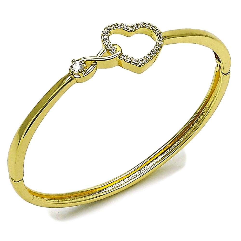 Oro Laminado Individual Bangle, Gold Filled Style Heart and Infinite Design, with White Cubic Zirconia, Polished, Golden Finish