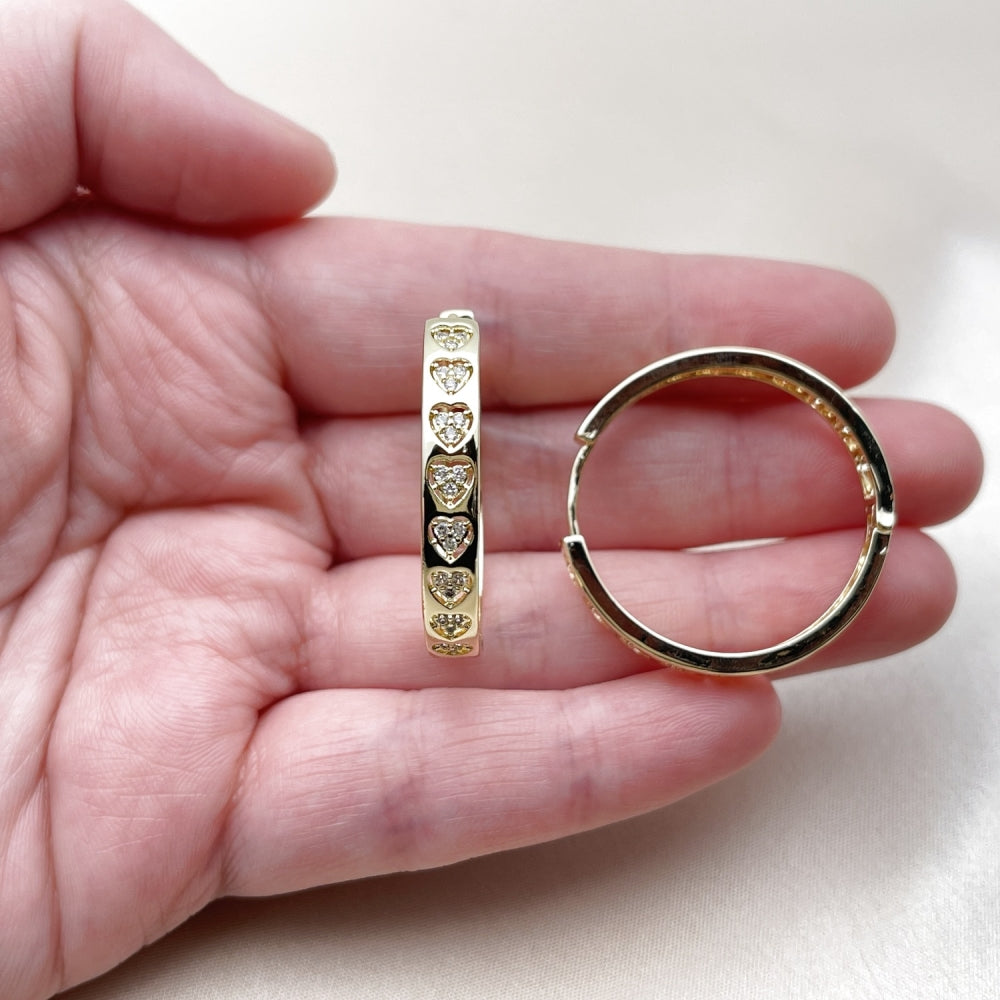 Oro Laminado Huggie Hoop, Gold Filled Style Heart Design, with White Micro Pave, Polished, Golden Finish