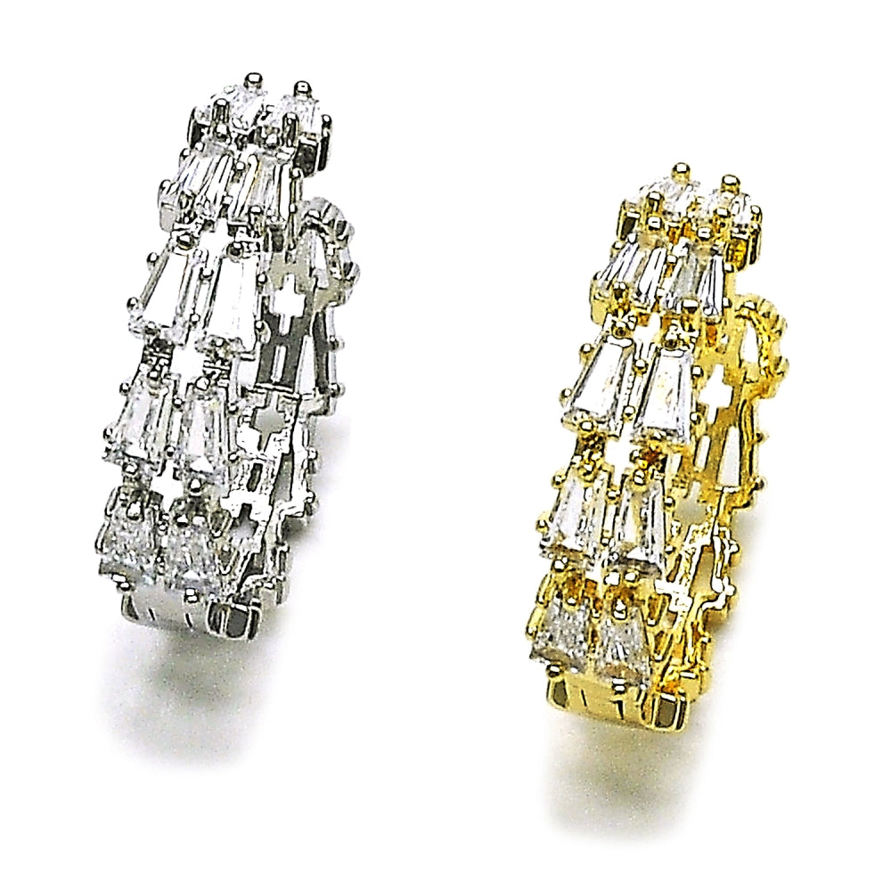 Oro Laminado Huggie Hoop, Gold Filled Style Baguette Design, with White Cubic Zirconia, Polished, Golden Finish