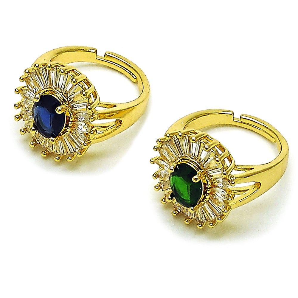Oro Laminado Multi Stone Ring, Gold Filled Style Baguette and Cluster Design, with Sapphire Blue and White Cubic Zirconia, Polished, Golden Finish