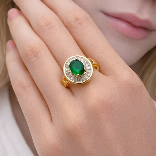 Oro Laminado Multi Stone Ring, Gold Filled Style Cluster and Baguette Design, with Green and White Cubic Zirconia, Polished, Golden Finish