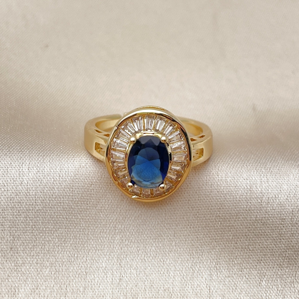 Oro Laminado Multi Stone Ring, Gold Filled Style Baguette and Cluster Design, with Sapphire Blue and White Cubic Zirconia, Polished, Golden Finish