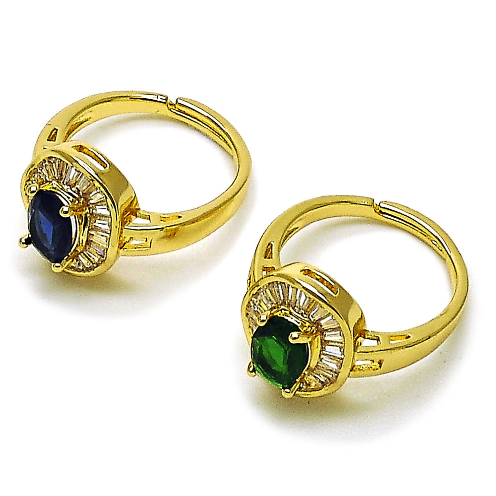 Oro Laminado Multi Stone Ring, Gold Filled Style Baguette and Cluster Design, with Sapphire Blue and White Cubic Zirconia, Polished, Golden Finish