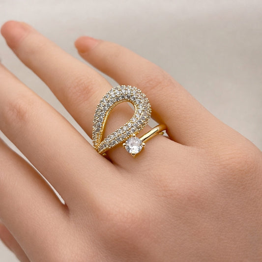 Oro Laminado Multi Stone Ring, Gold Filled Style Teardrop Design, with White Cubic Zirconia, Polished, Golden Finish