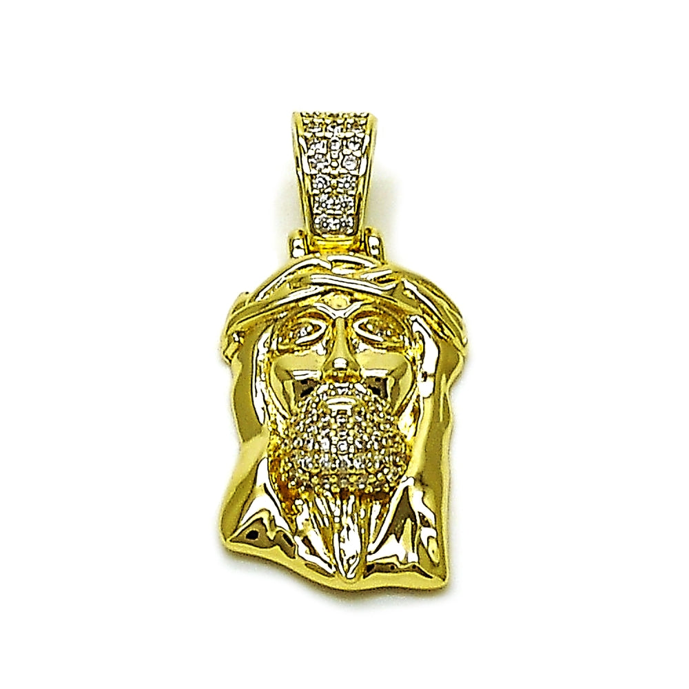Oro Laminado Religious Pendant, Gold Filled Style Jesus Design, with White Micro Pave, Polished, Golden Finish