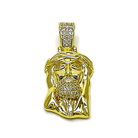 Oro Laminado Religious Pendant, Gold Filled Style Jesus Design, with White Micro Pave, Polished, Golden Finish
