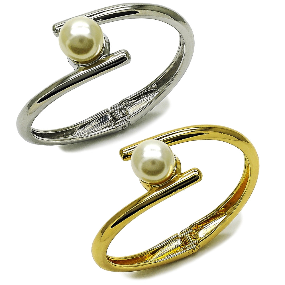 Oro Laminado Individual Bangle, Gold Filled Style Ball Design, with Ivory Pearl, Polished, Golden Finish