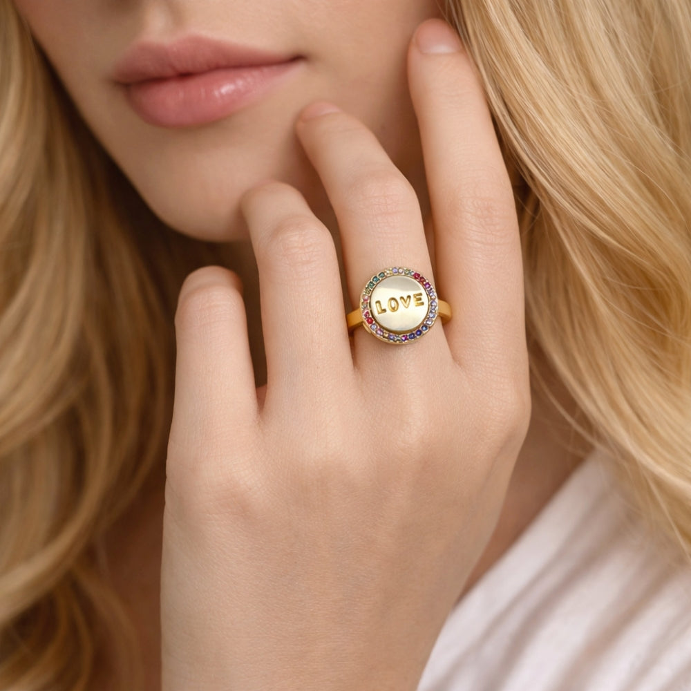 Oro Laminado Multi Stone Ring, Gold Filled Style Love Design, with Multicolor Micro Pave, Polished, Golden Finish