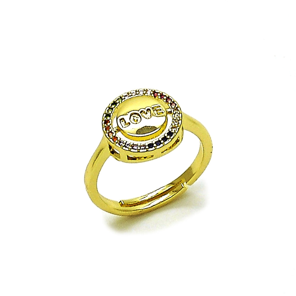 Oro Laminado Multi Stone Ring, Gold Filled Style Love Design, with Multicolor Micro Pave, Polished, Golden Finish