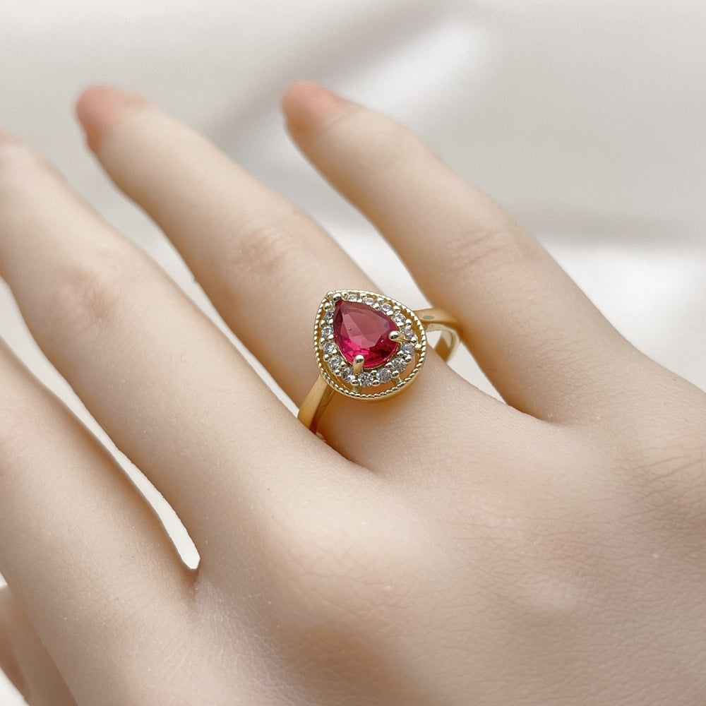 Oro Laminado Multi Stone Ring, Gold Filled Style Teardrop Design, with Ruby and White Cubic Zirconia, Polished, Golden Finish