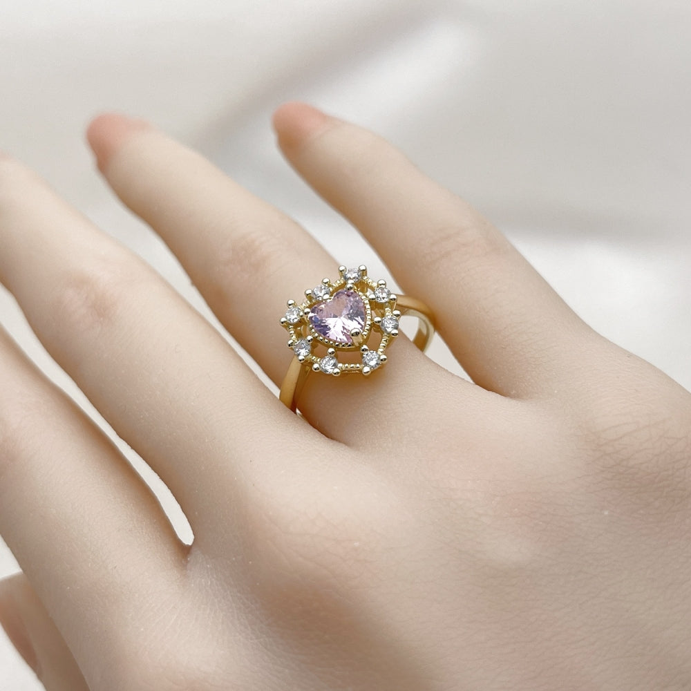 Oro Laminado Multi Stone Ring, Gold Filled Style Heart Design, with Pink and White Cubic Zirconia, Polished, Golden Finish