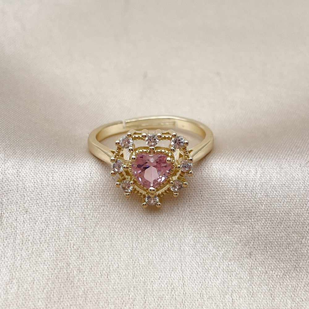 Oro Laminado Multi Stone Ring, Gold Filled Style Heart Design, with Pink and White Cubic Zirconia, Polished, Golden Finish