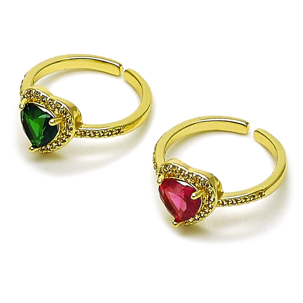 Oro Laminado Multi Stone Ring, Gold Filled Style Heart and Cluster Design, with Green Cubic Zirconia and White Micro Pave, Polished, Golden Finish