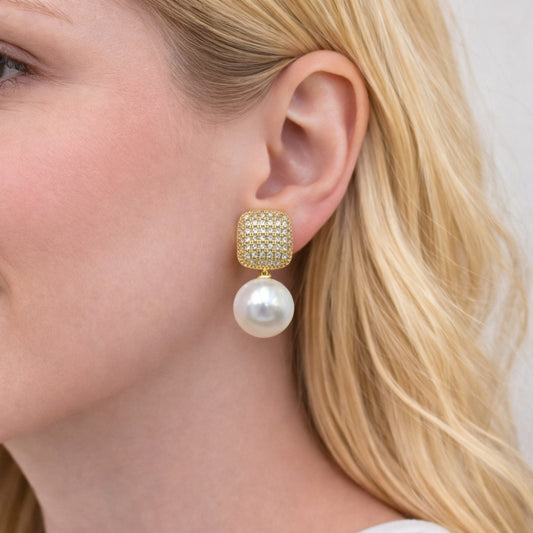 Oro Laminado Stud Earring, Gold Filled Style Ball Design, with Ivory Pearl and White Micro Pave, Polished, Golden Finish