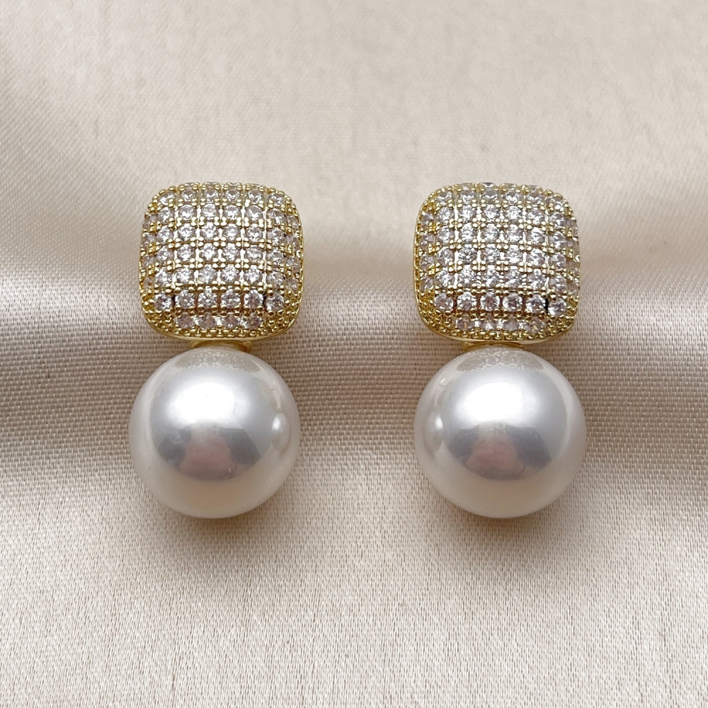 Oro Laminado Stud Earring, Gold Filled Style Ball Design, with Ivory Pearl and White Micro Pave, Polished, Golden Finish