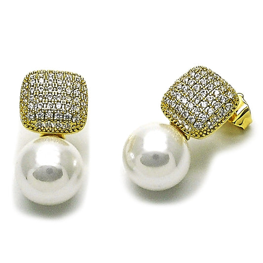 Oro Laminado Stud Earring, Gold Filled Style Ball Design, with Ivory Pearl and White Micro Pave, Polished, Golden Finish