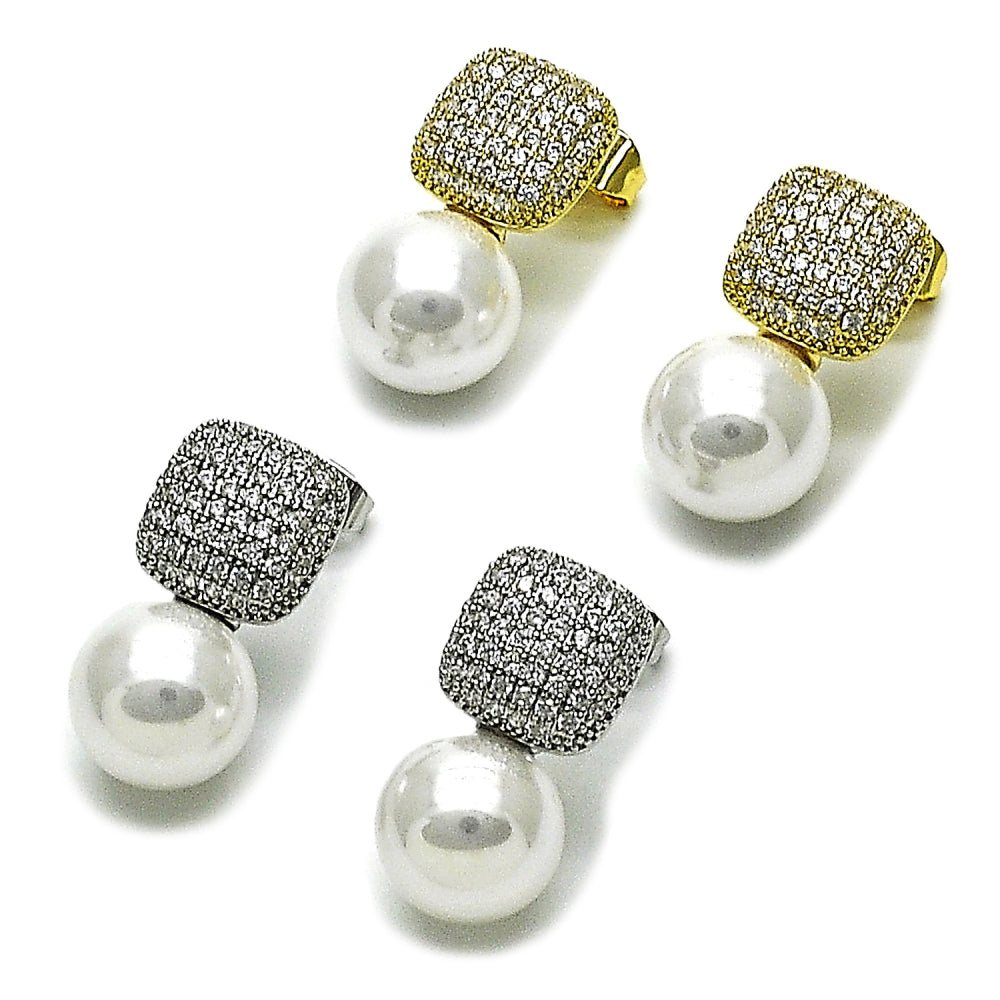 Oro Laminado Stud Earring, Gold Filled Style Ball Design, with Ivory Pearl and White Micro Pave, Polished, Golden Finish