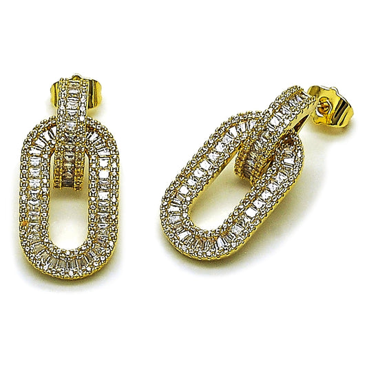 Oro Laminado Dangle Earring, Gold Filled Style Baguette and Cluster Design, with White Cubic Zirconia and White Micro Pave, Polished, Golden Finish
