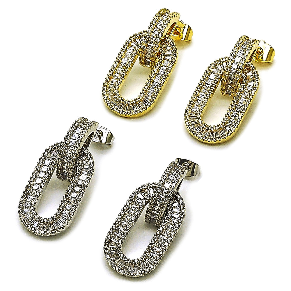Oro Laminado Dangle Earring, Gold Filled Style Baguette and Cluster Design, with White Cubic Zirconia and White Micro Pave, Polished, Golden Finish