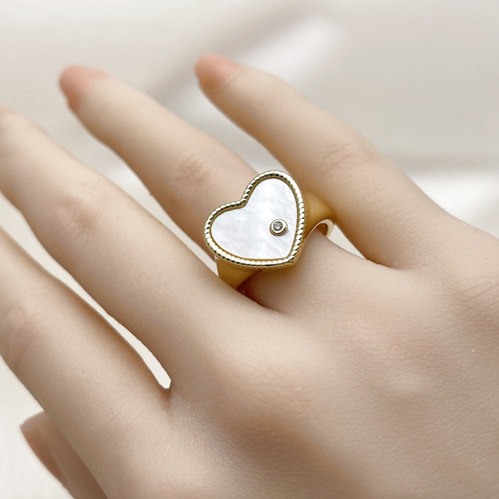 Oro Laminado Multi Stone Ring, Gold Filled Style Heart Design, with Ivory Mother of Pearl and White Cubic Zirconia, Polished, Golden Finish