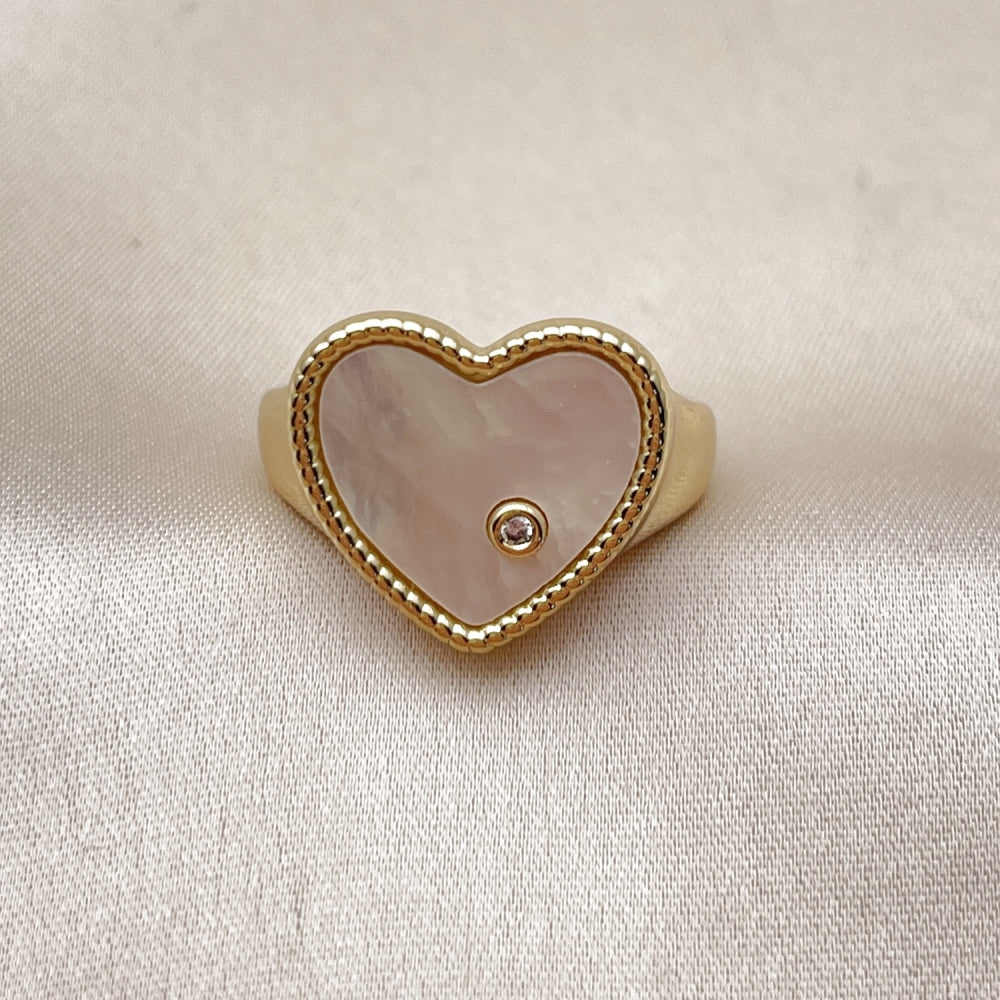 Oro Laminado Multi Stone Ring, Gold Filled Style Heart Design, with Ivory Mother of Pearl and White Cubic Zirconia, Polished, Golden Finish