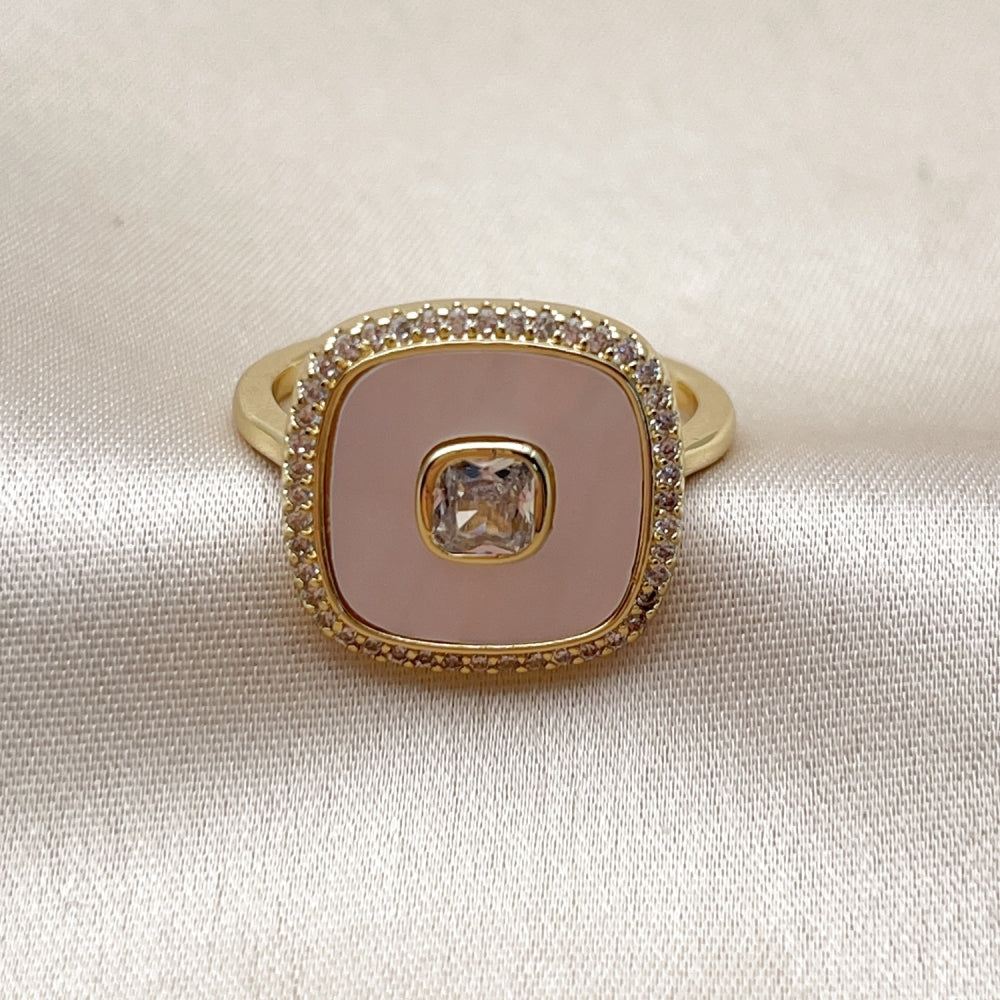Oro Laminado Multi Stone Ring, Gold Filled Style Cluster Design, with Ivory Mother of Pearl and White Cubic Zirconia, Polished, Golden Finish