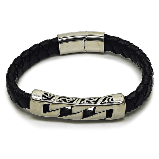 Stainless Steel Fancy Bracelet, Miami Cuban Design, Black Leather Finish, Steel Finish