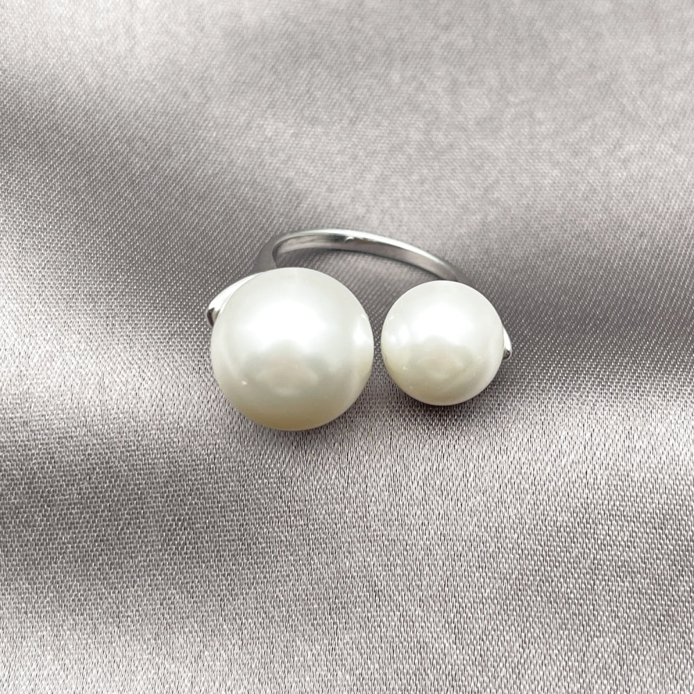 Rhodium Gold Filled Multi Stone Ring, Ball Design, with Ivory Pearl, Polished, Rhodium Finish