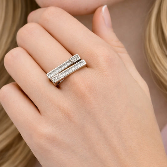 Rhodium Gold Filled Multi Stone Ring, Baguette Design, with White Cubic Zirconia and White Micro Pave, Polished, Rhodium Finish