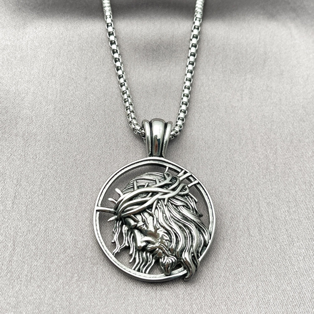 Stainless Steel Pendant Necklace, Jesus Design, Polished, Steel Finish