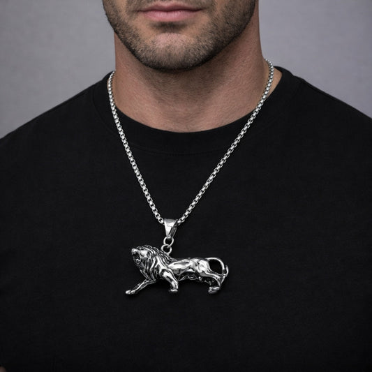 Stainless Steel Pendant Necklace, Lion Design, Polished, Steel Finish