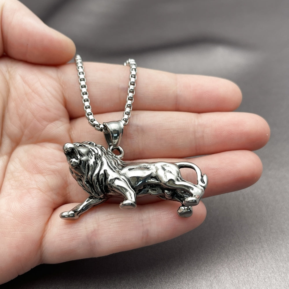 Stainless Steel Pendant Necklace, Lion Design, Polished, Steel Finish