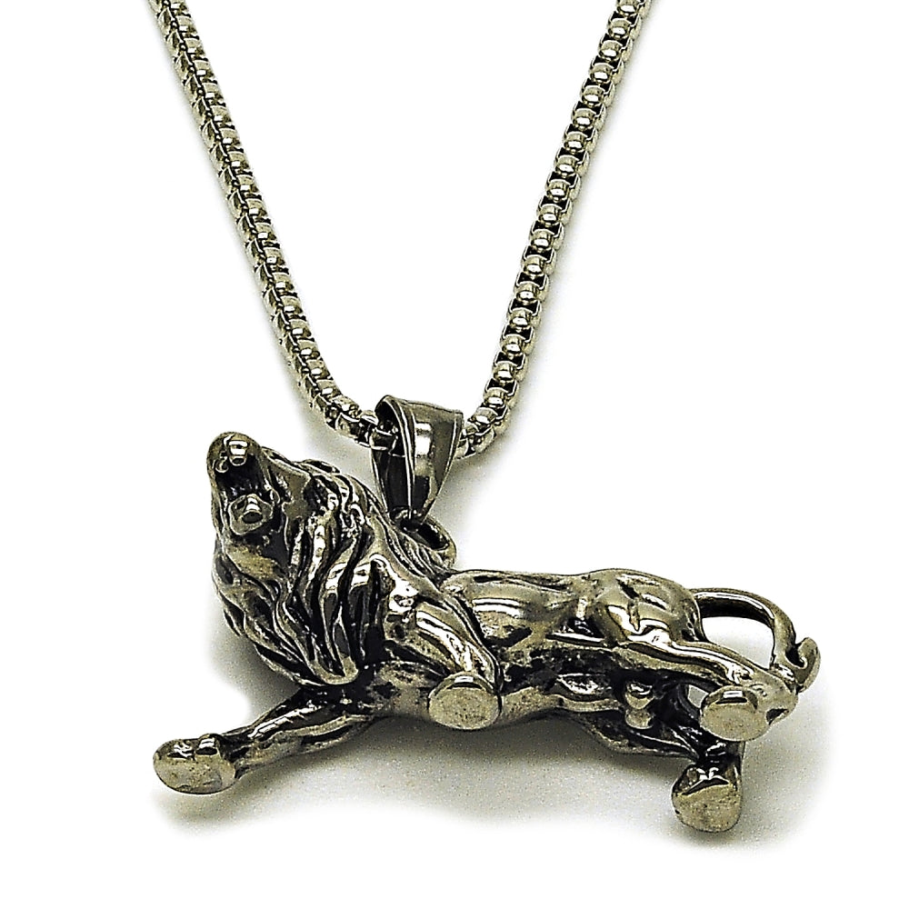Stainless Steel Pendant Necklace, Lion Design, Polished, Steel Finish