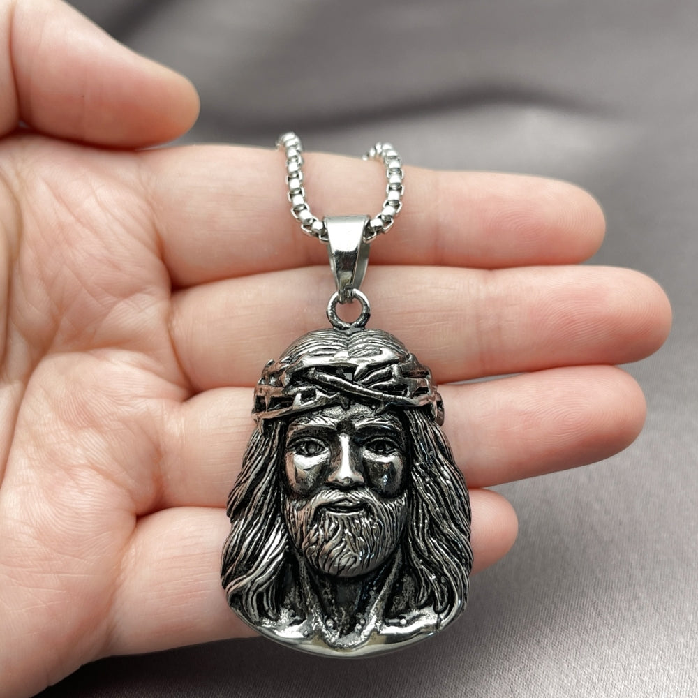 Stainless Steel Pendant Necklace, Jesus Design, Polished, Steel Finish
