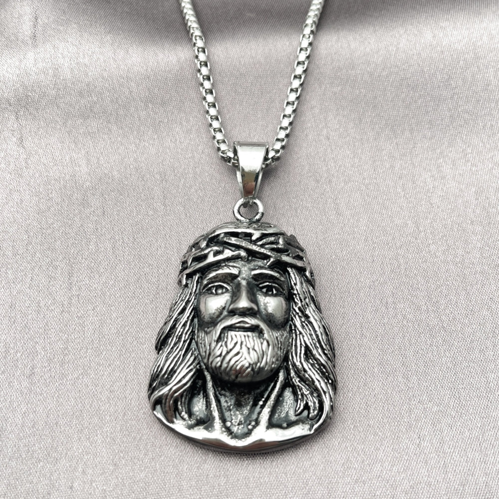 Stainless Steel Pendant Necklace, Jesus Design, Polished, Steel Finish