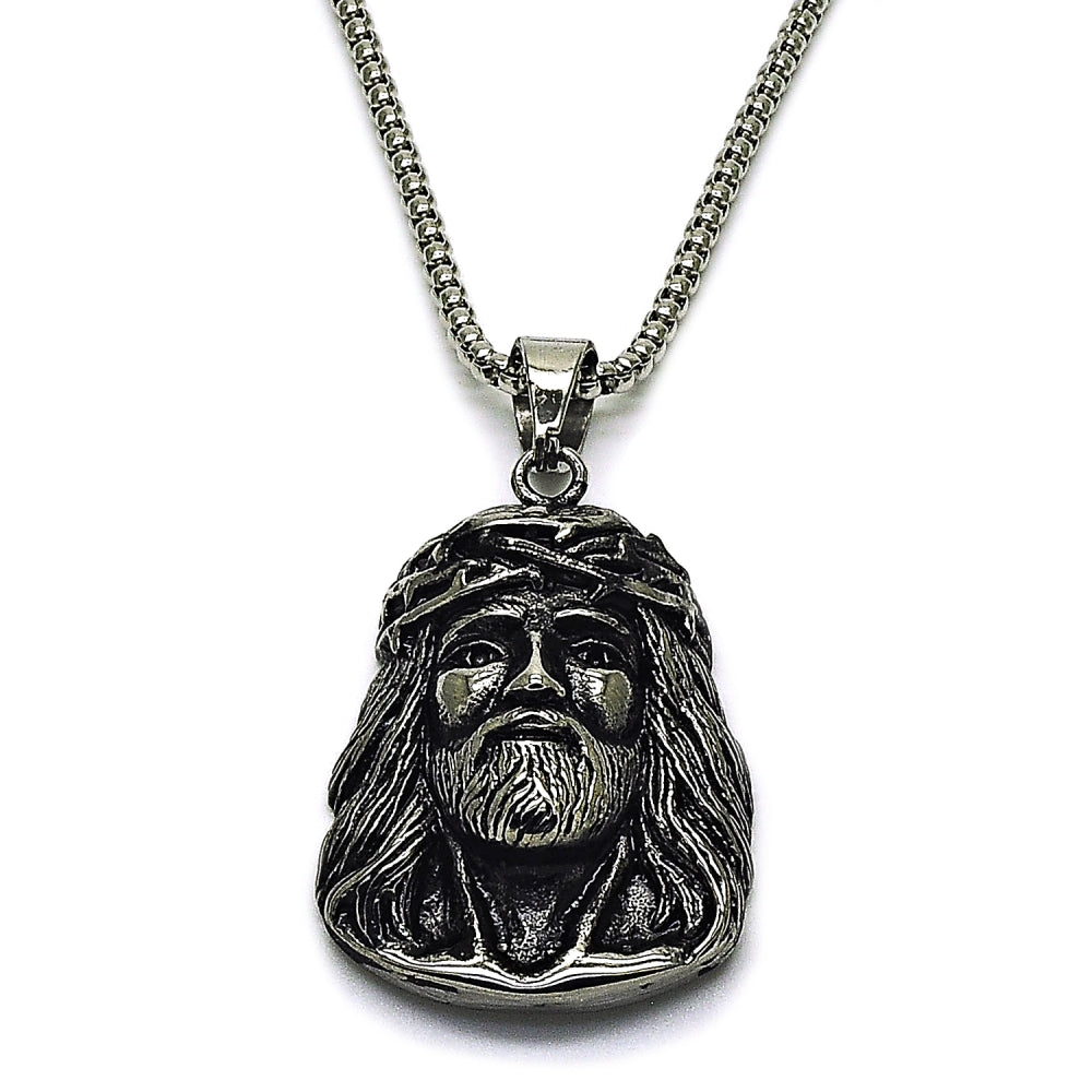 Stainless Steel Pendant Necklace, Jesus Design, Polished, Steel Finish